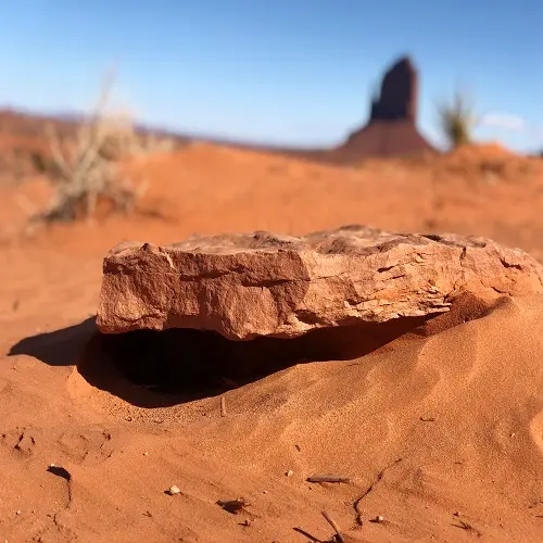 Desert landscape with a large sandstone rock in foreground and rock formation blurred in background under clear blue sky